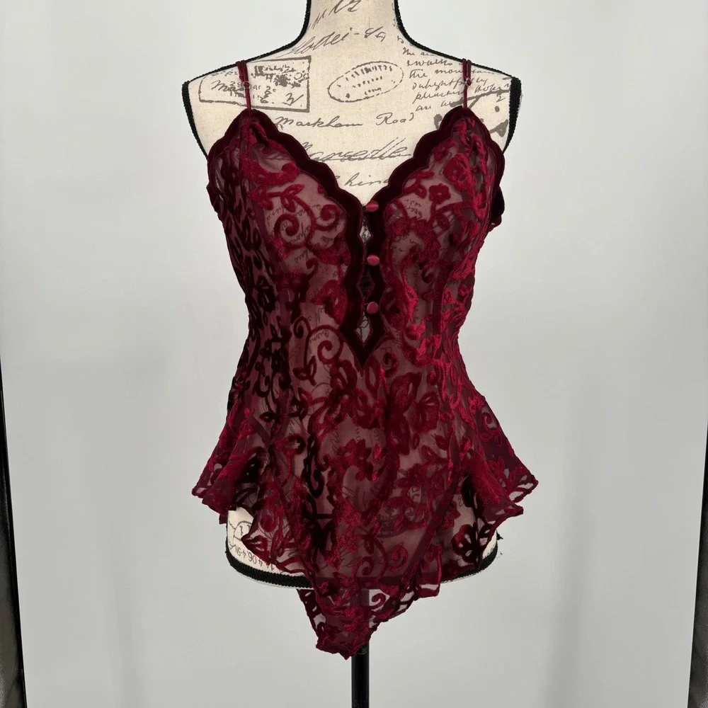 Victorias Secret Gold Label  Victorian-Style Velvet Lace Bodysuit Burgundy Large